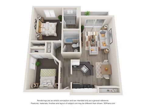 Floor plan for 2 beds, 2 baths, 970 sqft
